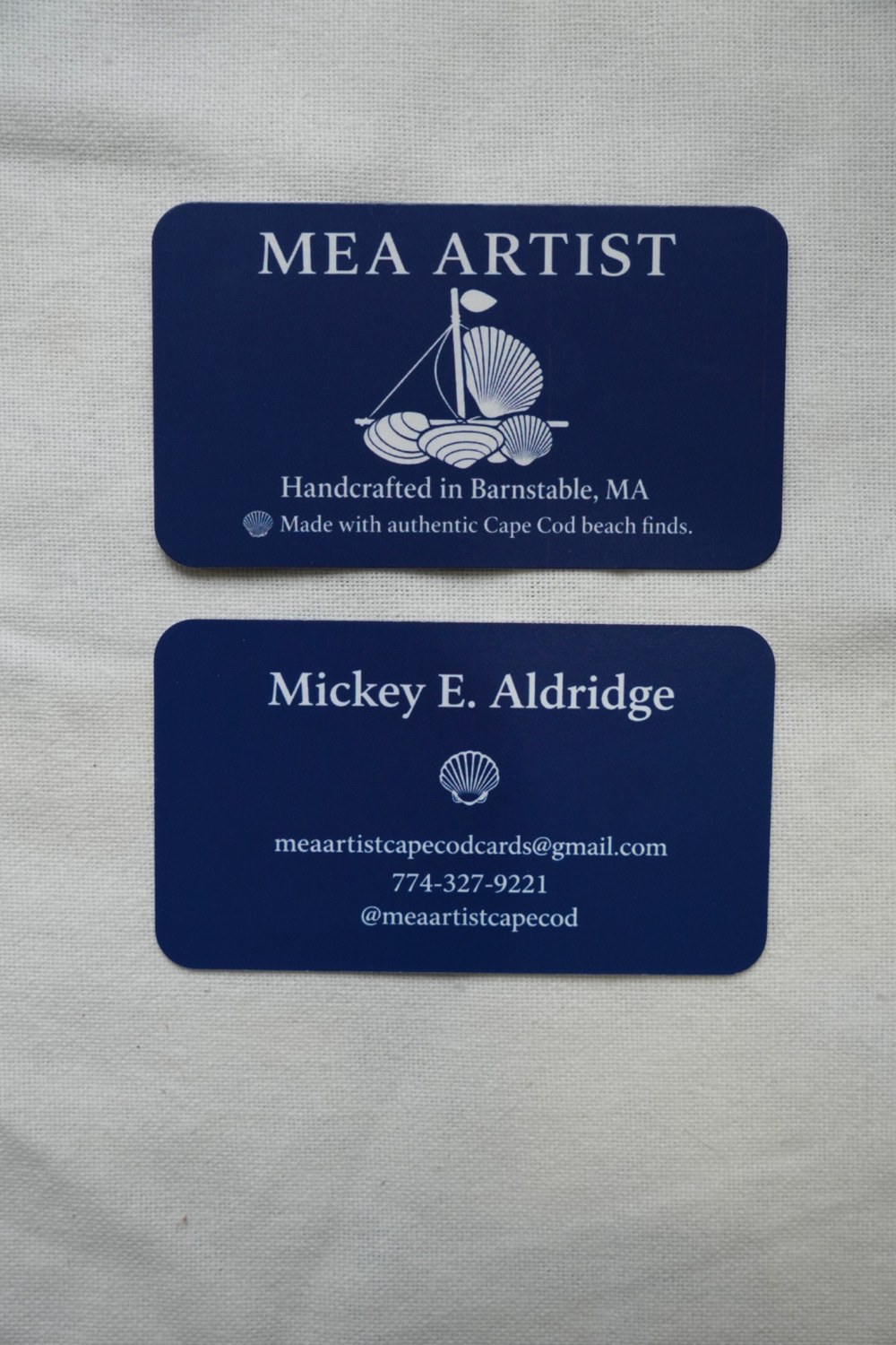 MEA Artist business cards: Mickey E. Aldridge, handcrafted in Barnstable, Massachusetts